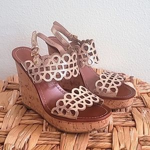 🌻 TORY BURCH NORI CORK WEDGE GOLD METALLIC SANDALS.